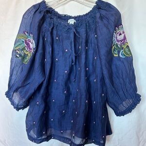 Sundance Dk Blue Blouse w Embroidered Flowers and Camisole W size L